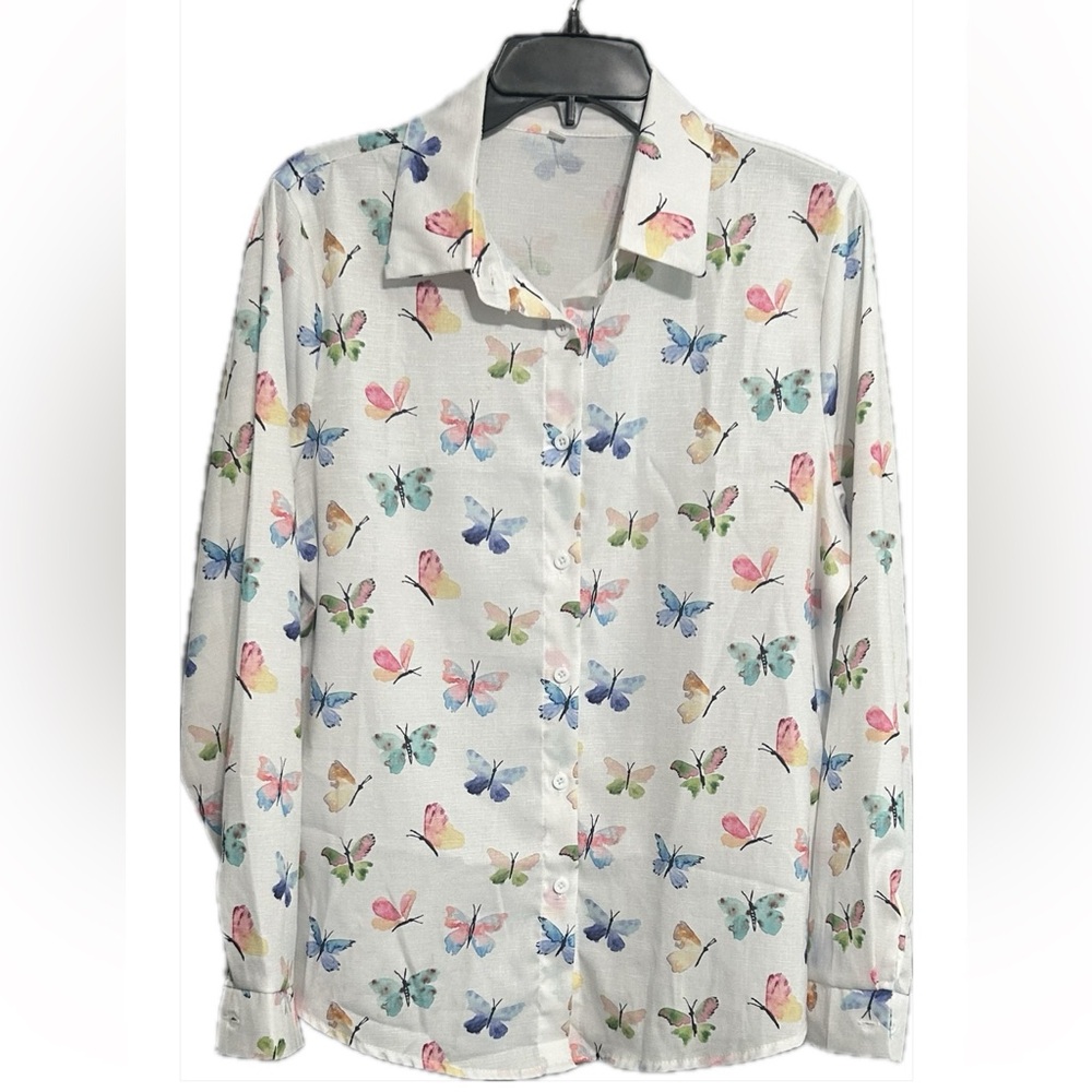 Butterfly Print Button-Up Shirt size L